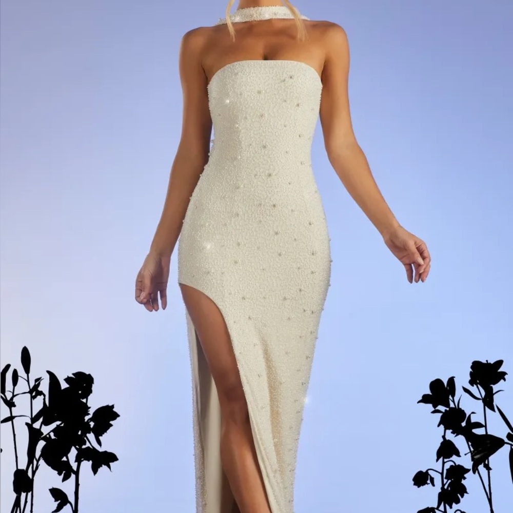 Oh Polly Ivory Strapless Beaded Wedding Dress with Thigh Slit